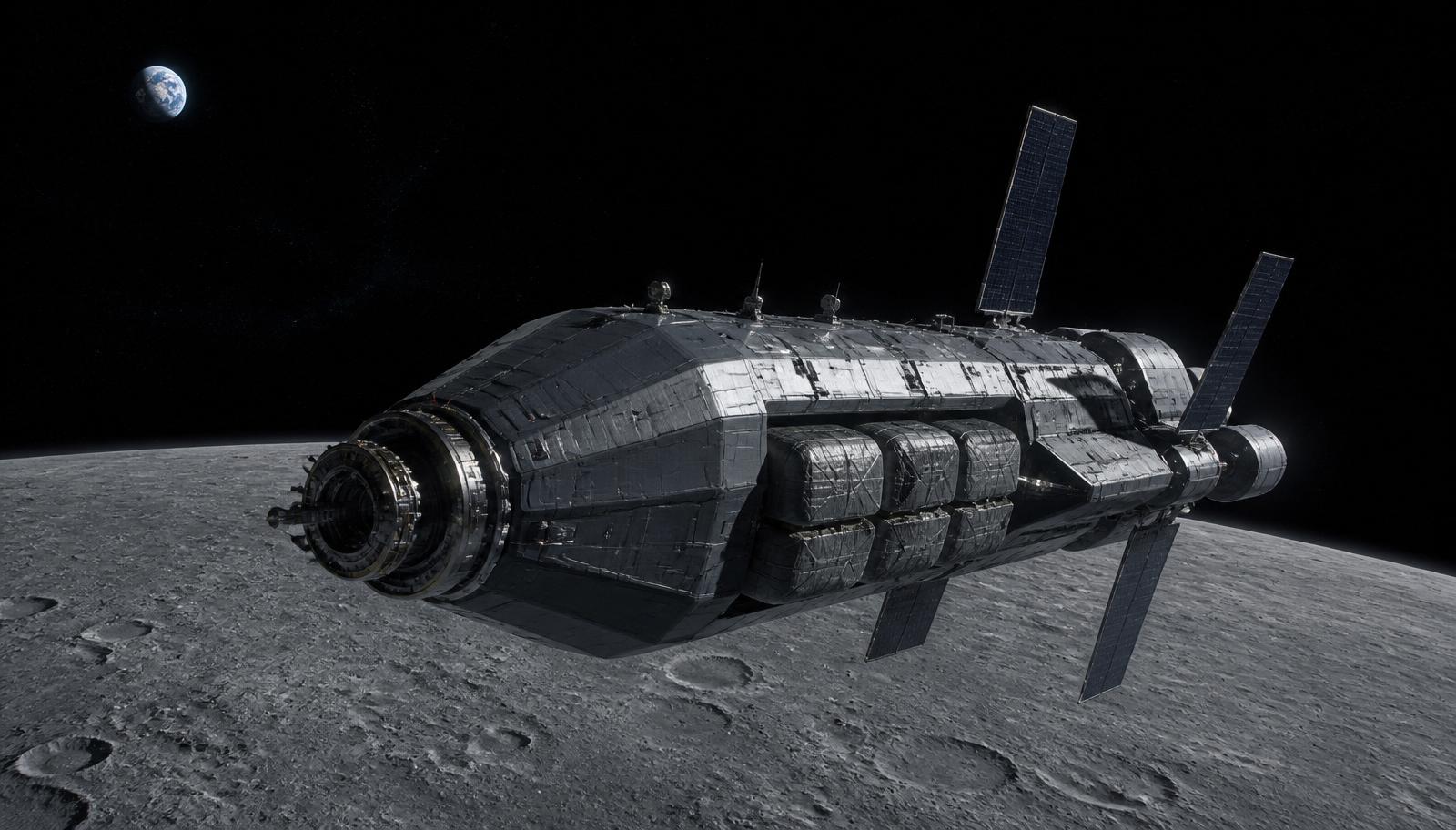 Extearier reusable cislunar cargo spacecraft in low lunar orbit with Earth in the distance