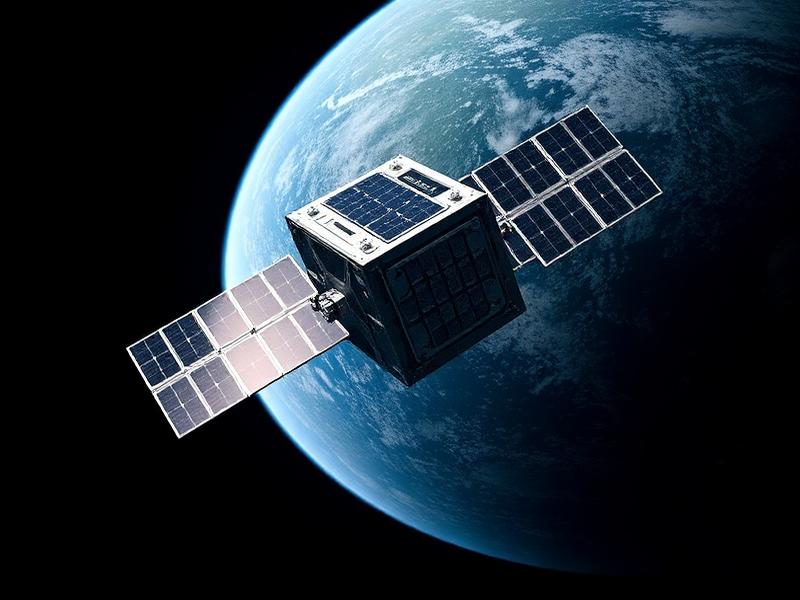 Cube-sat satellite in low earth orbit with solar panels deployed