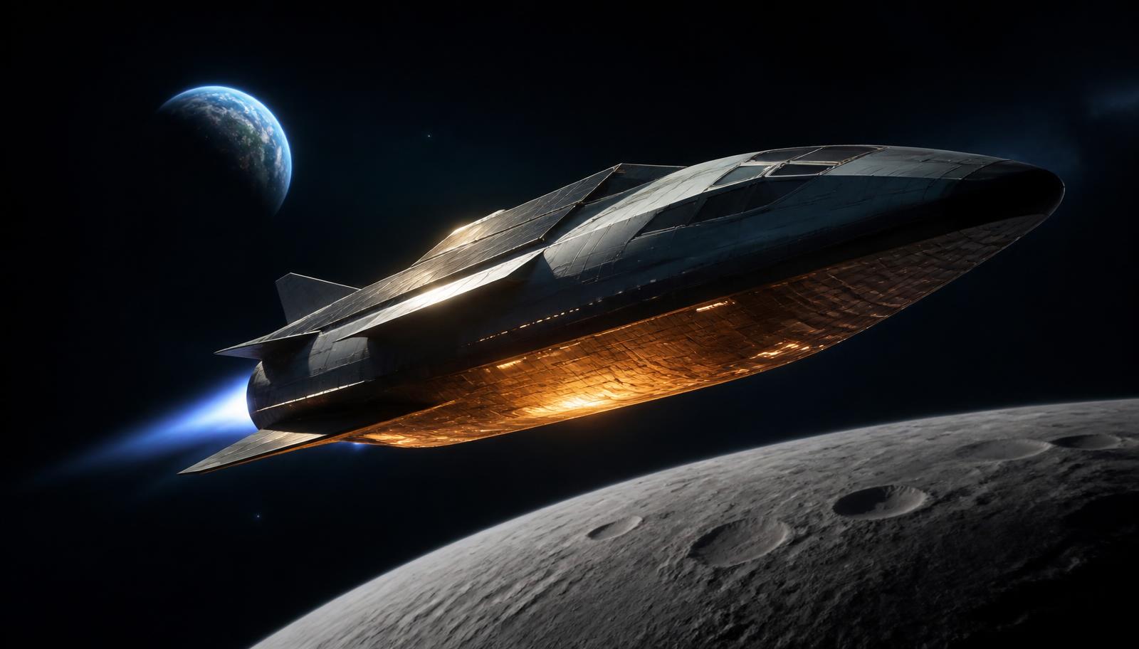 Phoenix reusable crewed spacecraft above the lunar surface with Earth in the distance