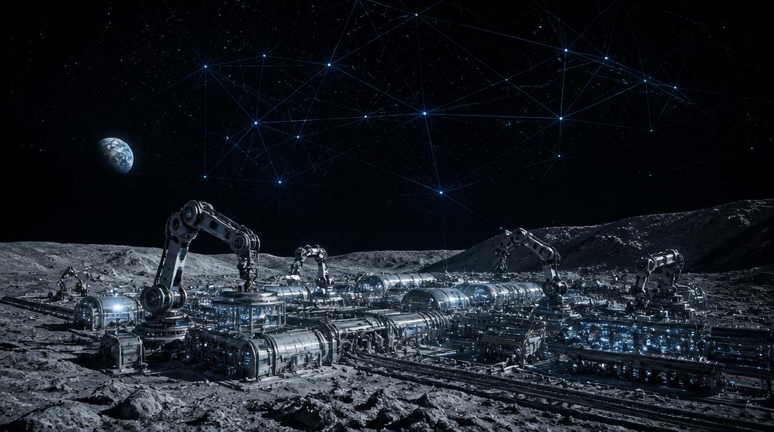 Autonomous lunar factory and robotic systems under a starfield with neural network overlays
