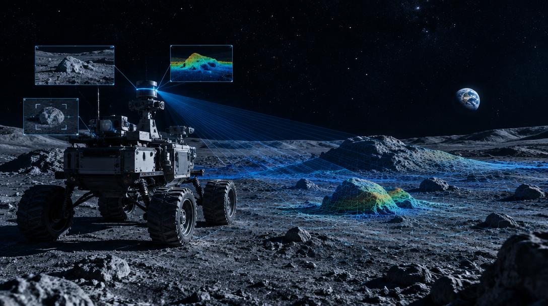Autonomous rover scanning lunar terrain with lidar and camera perception overlays