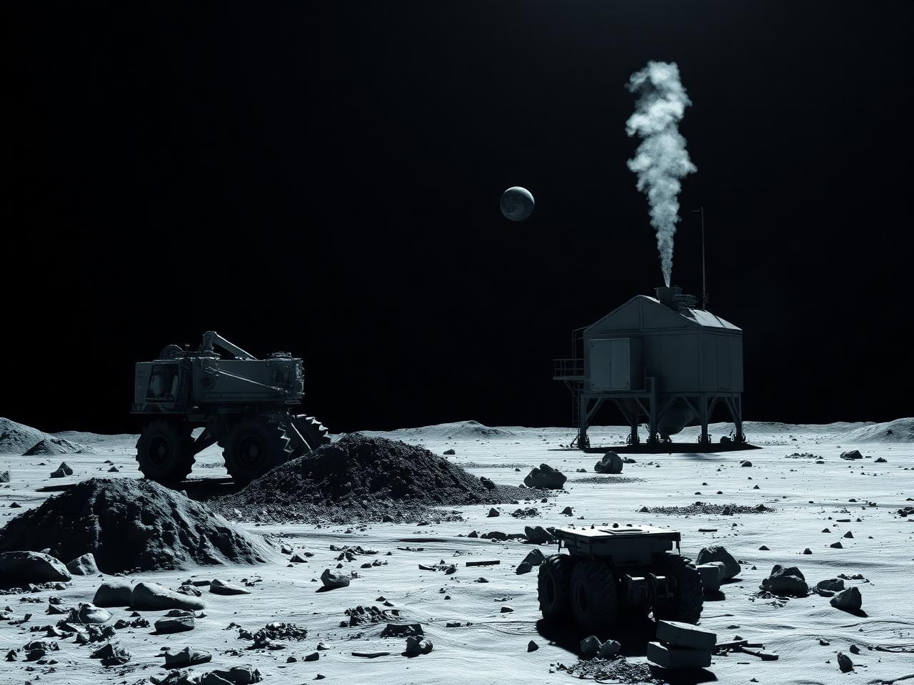 Robotic excavator and a regolith processing plant on the Moon with Earth on the horizon