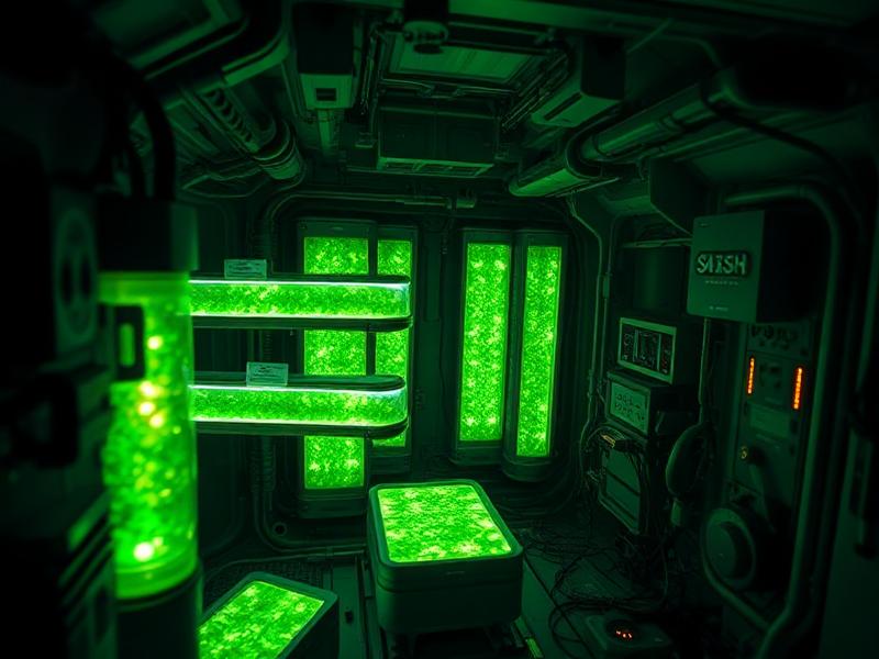 Algae photobioreactor tubes glowing inside a spacecraft life-support module