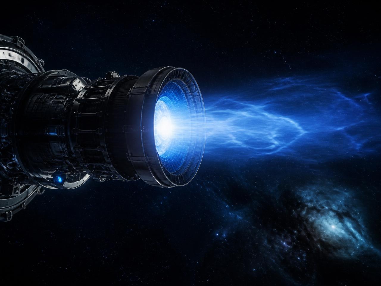 Spacecraft engine firing a glowing blue plasma exhaust plume in deep space