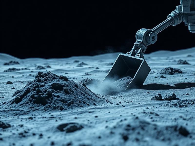 Robotic scoop mining grey lunar regolith on the Moon surface