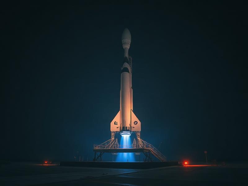 Reusable rocket booster descending to a landing pad at night