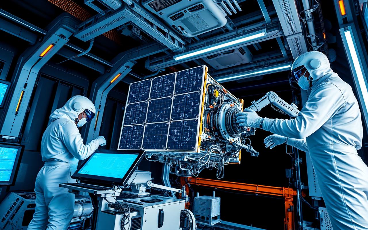 Satellite research and manufacturing cleanroom with engineers assembling spacecraft