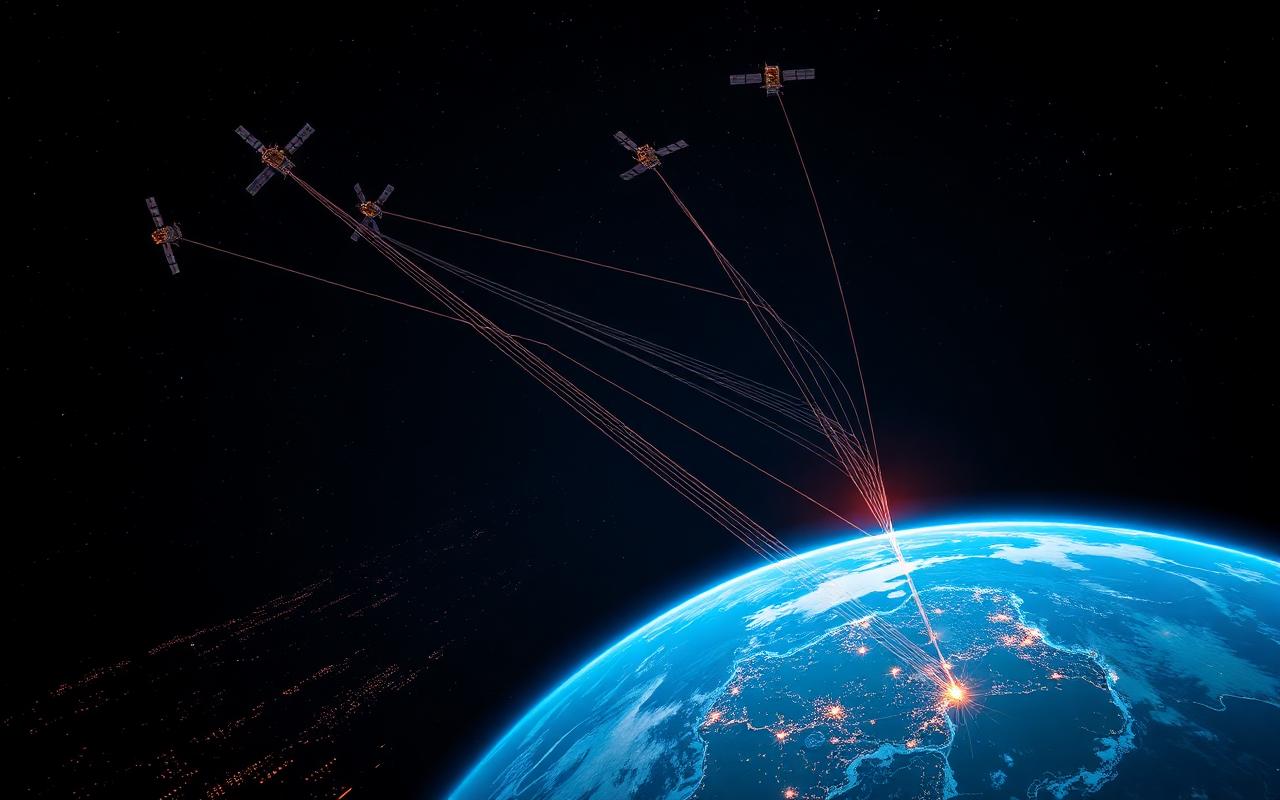 Low Earth orbit satellite constellation beaming internet to Earth at night